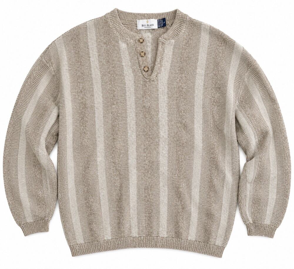 Vintage Bill Blass Mens Cotton Sweater Large USA Made Hand Framed Henley